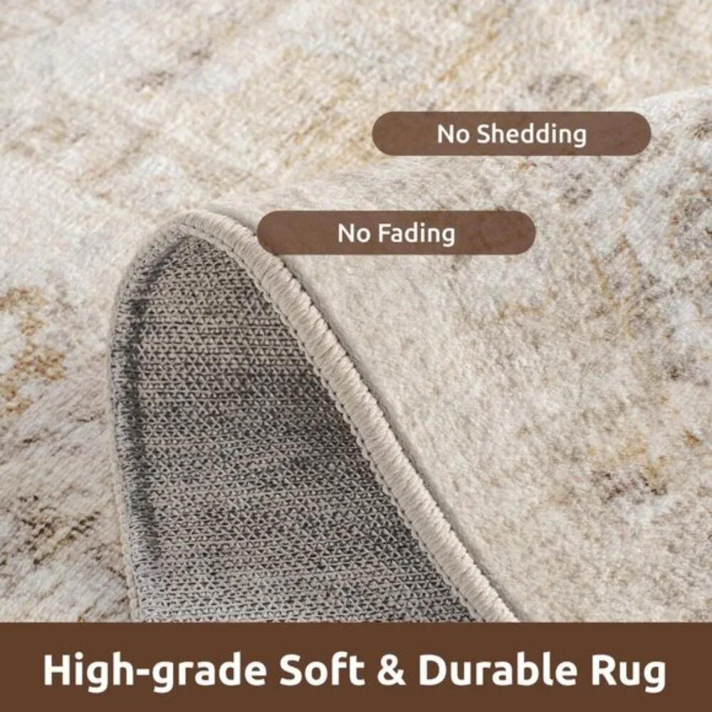 5x7 Beige Vintage Rug, Soft, Non-Slip, Washable Carpet for Home, Room & Office